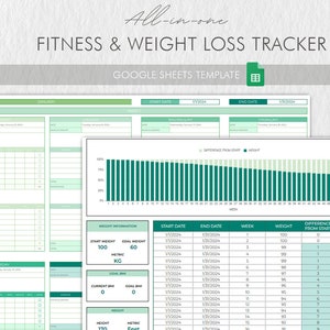 May include: A green and white Google Sheets template for tracking fitness and weight loss. The template includes sections for daily workouts, weekly weight tracking, and a progress chart. The template is titled "All-in-one Fitness & Weight Loss Tracker".