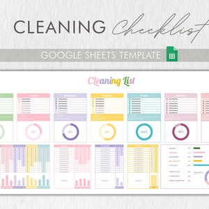 Könnte beinhalten: Eine farbenfrohe Google Sheets-Vorlage für eine Reinigungscheckliste. Die Vorlage enthält eine tägliche Reinigungsliste, ein Fortschrittsdiagramm und eine Zusammenfassung der Reinigungsliste. Die Vorlage soll Ihnen helfen, organisiert zu bleiben und Ihre Reinigungsaufgaben zu erledigen.