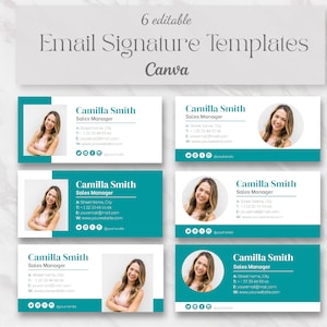 May include: Six customizable email signature templates designed in Canva. Each template features a teal background, a headshot of a woman, and the text "Camilla Smith, Sales Manager" with contact information.