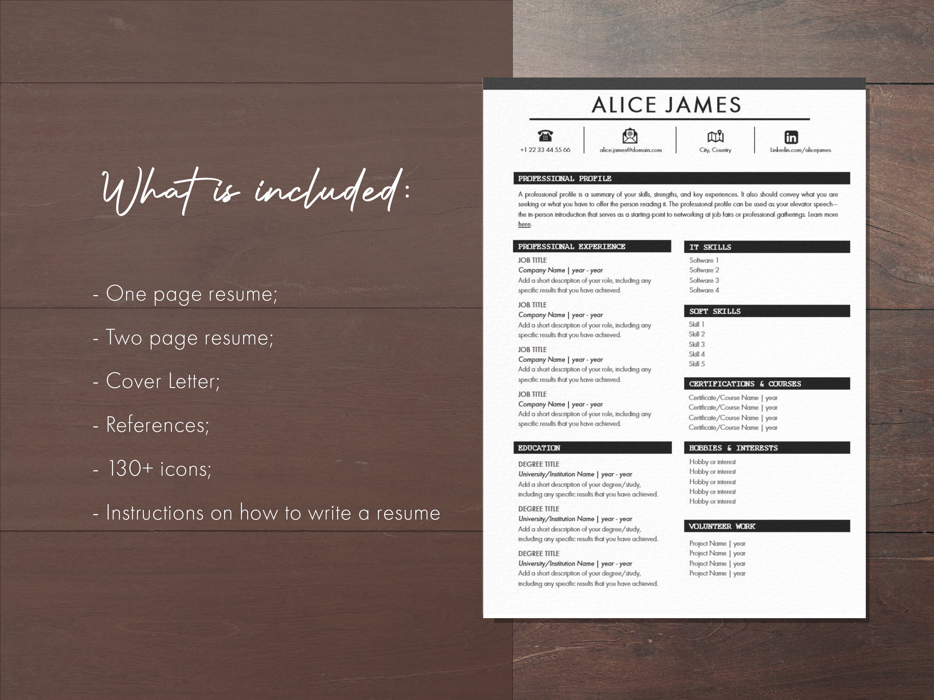 Professional One Page Resume Template, Minimalist Creative CV Template ...