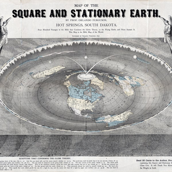 Mapa de la Tierra plana de la Tierra cuadrada y estacionaria 1893 Impresión física de 24" x 36"