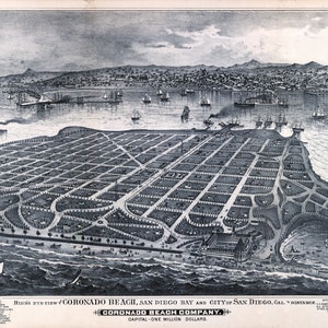 Vista de pájaro de la playa de Coronado, la bahía de San Diego y el hotel del Coronado Mapa histórico de la década de 1880 Impresión artística de 24 x 32 pulgadas