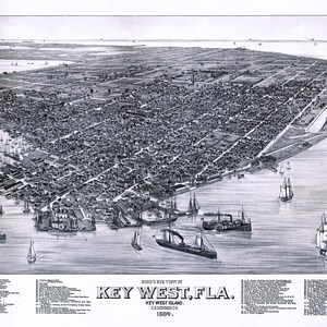 Vogelperspectief van Key West Island, Monroe County, Florida 1884 Historische kaart Fine Art Print 30x20"