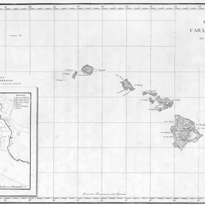 1826 年のハワイ サンドイッチ諸島地図。印刷物 16 インチ x 24 インチ 19 世紀ロシアの歴史的地図、地図作成の遺物
