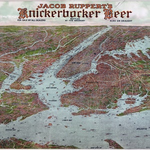 Knickerbocker Beer 1912 Panoramablick auf NYC mit allen 5 Bezirken. Historische Karte, Kunstdruck, 50,8 x 71,1 cm