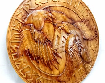 Hand Carved Wooden Raven Viking Shield – Norse Wall Hanging Decor (60cm)