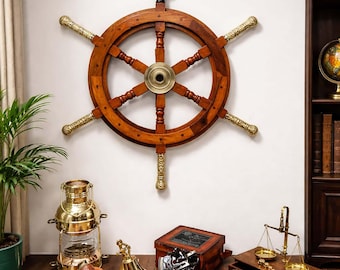 Vintage Style Nautical Wooden Ship Wheel Set with Brass Horse Finial, Lantern, Anchor Bell, Compass, Sextant, Telescope, Weighing Scale