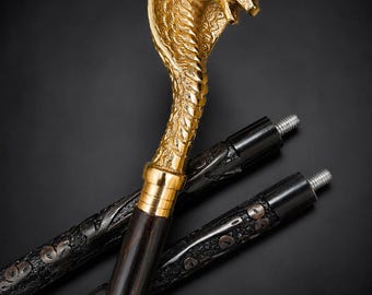 Personalized Cobra Snake Walking Cane, Luxury Black Wooden Stick, Serpent Gothic Decor