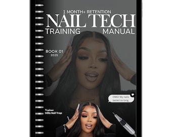 May include: A black and white digital tablet with a black cover and a white screen. The screen displays a digital book cover with the title "Nail Tech Training Manual" and the text "Book 01 2025". The cover features a woman with long black hair and a white text bubble that says "OMG! My nails lasted so long."