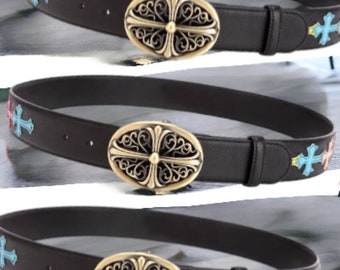 Cintura Y2k croce ispirata a cuori cromati Fibbia per cintura Cintura da uomo Cintura punk Cintura in vera pelle Regalo da uomo Grunge