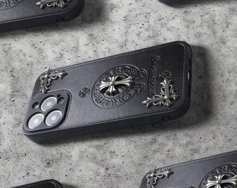 Coque iPhone Chrome Hearts Gothic Cute iPhone 15 Coque esthétique iPhone 14 Coque iPhone 13 Black Y2k Leather Designer