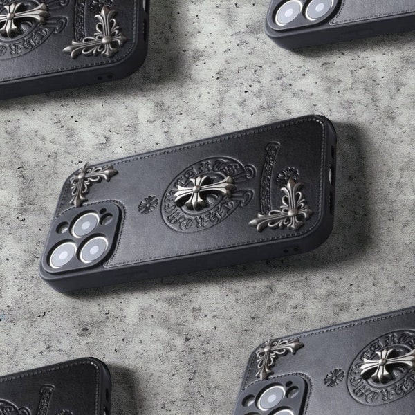 Coque iPhone Chrome Hearts Gothic Cute iPhone 15 Coque esthétique iPhone 14 Coque iPhone 13 Black Y2k Leather Designer