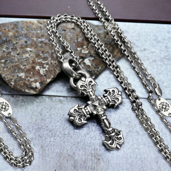 Y2K Alternative Gothic Handmade Necklace, Handmade Grunge Jewelry gift for him gift for her Chrome Hearts Cross Style Necklace 60 cm