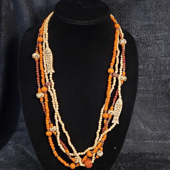 Vintage Boho 4 Strand Orange Rust Cream Wood/Acry… - image 2