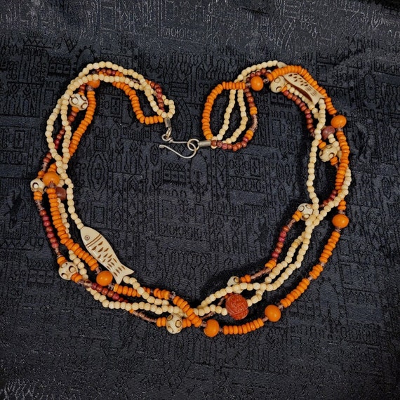 Vintage Boho 4 Strand Orange Rust Cream Wood/Acry… - image 3