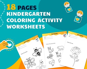 Könnte beinhalten: Ein türkisfarbener Hintergrund mit dem Text "18 PAGES KINDERGARTEN COLORING ACTIVITY WORKSHEETS". Es werden drei Malvorlagen mit Insekten, Haustieren und einer Rose angezeigt. Das Bild enthält auch eine Sammlung von Buntstiften oben.