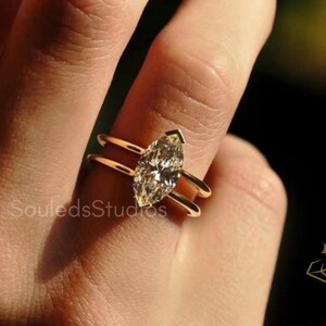 2 CT Marquise Cut Moissanite Engagement Ring With Two Band Vintage 14k Yellow Gold Hidden Halo Wedding Ring Double Band Solitaire Ring