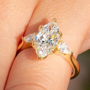 2.5 CT Three Stone Marquise Cut Moissanite Engagement Ring Pear Side Stones 14K Solid Gold Ring Pear Moissanite Ring Wedding Ring For Women