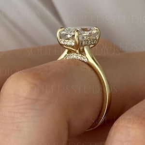 Elongated Cushion Cut Cathedral Engagement Ring, Hidden Halo Diamond, 14K Yellow Gold Solitaire, Modern Statement Ring Custom Bridal Jewelry