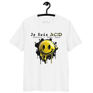 S'Express x Daddy Squad - Je Suis Acid-T-shirt met smiley van wit biologisch katoen, gratis verzending wereldwijd