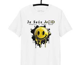 S'Express x Daddy Squad - ¡Camiseta con cara sonriente ácida de Je Suis en blanco! Envío gratuito a todo el mundo, algodón orgánico.