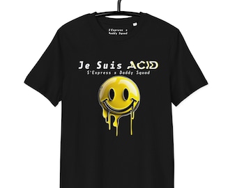 S'Express x Daddy Squad - ¡Camiseta con cara sonriente ácida de Je Suis en negro! Envío gratuito a todo el mundo, algodón orgánico.