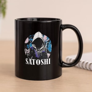 Satoshi Nakamoto Crypto Mug: Black Bitcoin Coffee Cup