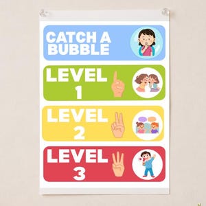 May include: A rectangular educational poster titled Catch a Bubble with three levels. Level 1 shows one finger and children whispering. Level 2 shows two fingers and children talking. Level 3 shows three fingers and a child raising a hand to speak.