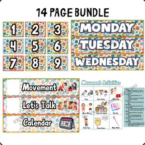 May include: A 14-page bundle of educational classroom materials featuring a space-themed background with planets and stars. It includes number cards 1-9, day labels for Monday through Wednesday, activity headers, and a movement activities chart.