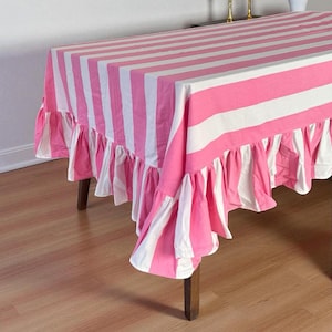 Pink & White Stripe Ruffled Block Printed Indian Tablecloth
