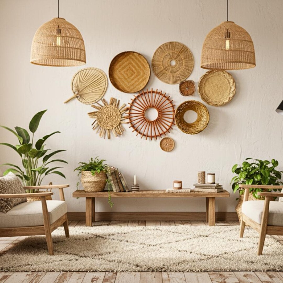 Woven Wall Baskets - Boho Rattan Bamboo Decor, Living Room Rattan Wall ...