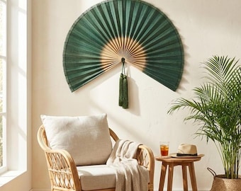 Waldgrüner Bambusfächer für die Wanddekoration, handgefertigter Faltfächer als Kopfteil, großer Fächer als Wandbild, Boho-Sommer-Deko, Geschenk für Sie/Tochter