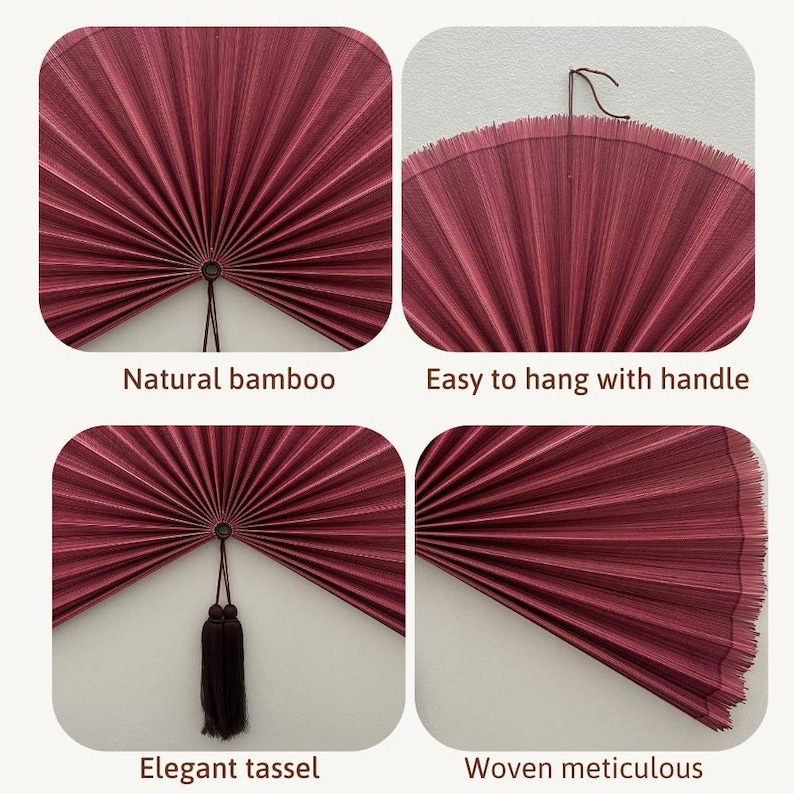 May include: A circular wall fan made of dark red woven bamboo material. The fan features a central pivot point, a dark brown hanging cord, and a dark brown decorative tassel. The text in the image includes Natural bamboo, Easy to hang with handle, Elegant tassel, and Woven meticulous.
