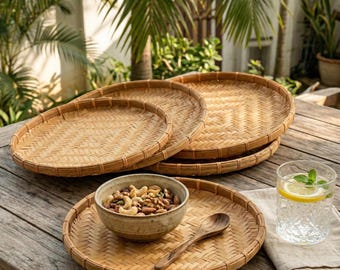 Set di cestini di bambù intrecciati a mano, arredamento in stile boho, vassoio da portata rotondo, tavolo da pranzo, vassoio di bambù