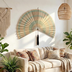 Boho Summer Wall Art Bamboo Fan - 40inches, Folding Fan Headboard, Natural Bamboo Fan Decor, Gift for Her/Daughter