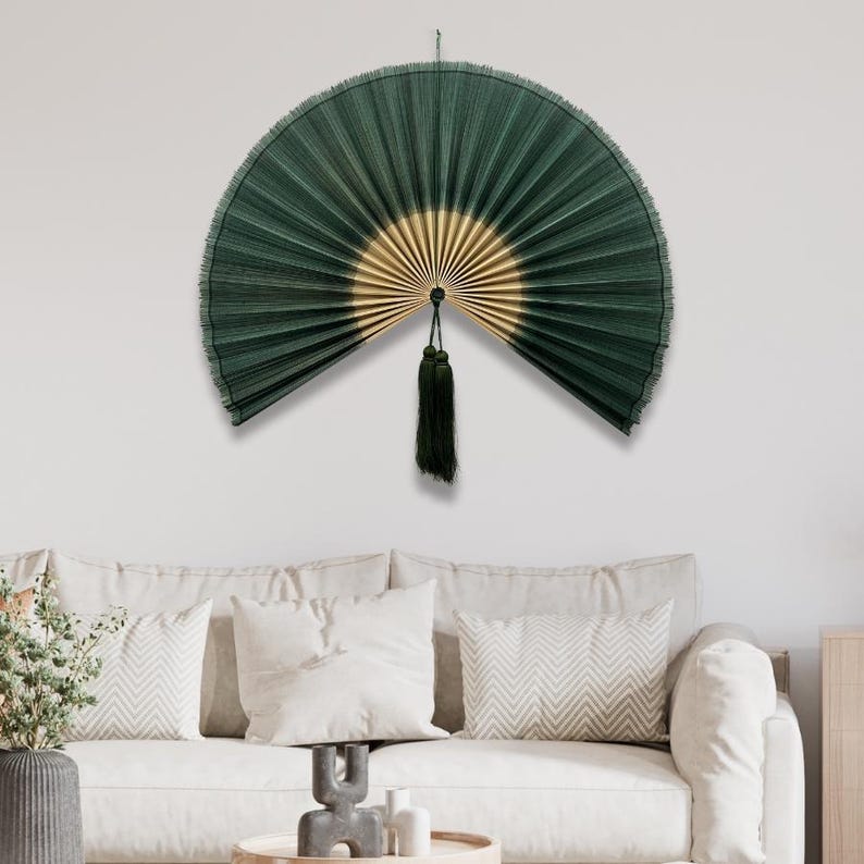 Colorful Bamboo Wall Fan with Tassel, Bedroom Living Room Wall Decor, Large Folding Fan Headboard, Handmade Birthday Gift for Mom/Daughter Forest Green
