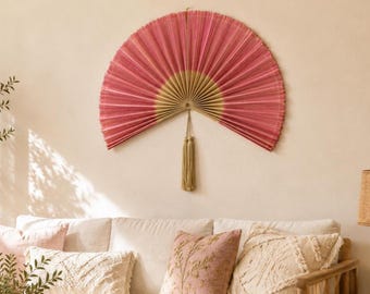 Stor rosa bambu väggfläkt, handgjord bohemisk inredning med sommarstämning, vävd bambufläkt 40 tum, present till henne/dotter