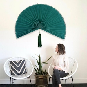Handmade Mallard Green Bamboo Wall Fan, Bamboo Fan Wall Decor with Tassel, Fan Headboard, Vintage Wall Decor, New Year Gift