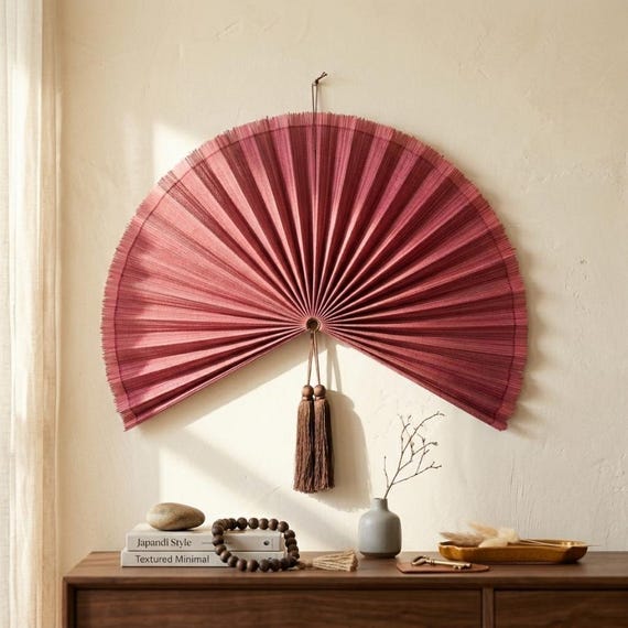 Bamboo Pink Fan, Bamboo Fan Wall Decor, Folding Fan Headboard, Boho Summer Wall Art, Handmade Gift for Her/Daughter