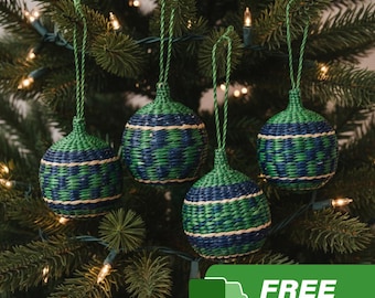 Handwoven Seagrass Christmas Ornaments, Green & Blue, Set of 4