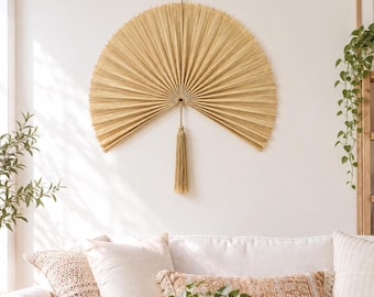 Natürliche Bambusfächer-Wanddekoration mit Quaste, Hochzeitsdekor & Geschenk für Braut und Bräutigam, großes faltbares Fächerkopfteil, Boho Schlafzimmer Wandbehang