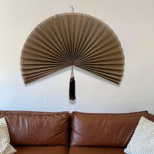 Espresso Brown Bamboo Fan Wall Decor, Boho Living Room Wall Hanging, Japandi Wall Fan Headboard Handmade Gift for Her/Daughter