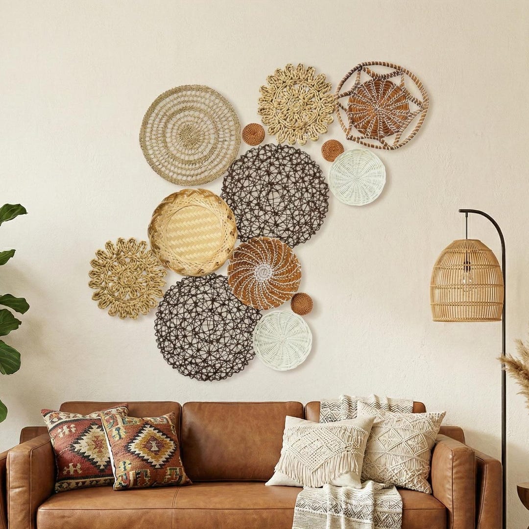 Boho Woven Basket Wall Decor Set, Vietnamese Handmade Tropical Art - Etsy