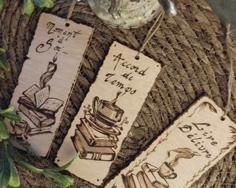 Set of 3 pyrographed winter reading bookmarks