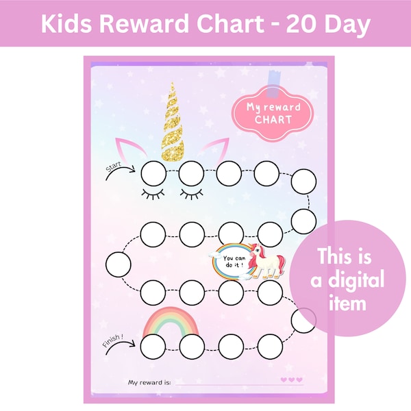 20 day Kids reward chart, Kids motivation chart, Reward chart, Kids reward challenge, Kids motivation challenge, Unicorn reward chart.