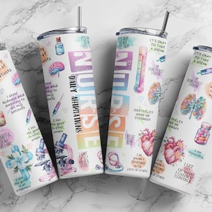 May include: Five white stainless steel tumblers with colorful watercolor designs and inspirational quotes for nurses. The quotes include "I have empathy for all of my patients", "I am a problem solver", "I show kindness and empathy to all my patients", "Obstacles make me stronger", "I am energized and ready to start my day", "I am making a difference in the lives of others", "I let go of what I cannot control", "I am powerful", "I see the good in other people", "I believe in me", "I am doing my best everyday", "I see the good in all situations", "It's okay to take a break".
