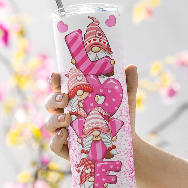 Gnomes Love Valentines Tumbler 20 oz Skinny, Pink Gnomes Valentines day wrap, Tumbler Sublimation PNG, Digital Download