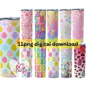 May include: Eleven digital downloads of sublimation designs for tumblers. The designs feature pastel colors and various Easter-themed patterns, including polka dots, bunnies, and Peeps.