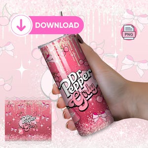 Trendy cherry Dr. Pepper Girly. Pink Bow-Tied Bottle Drinks Wrap for 20oz Tumblers, soda pattern, bows. Download PNG, Design, Sublimation.