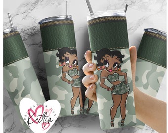 Designer bekerhouder Army betty boop | Ontwerp met kettingtas | Ontwerp van 20 oz |Sublimatieontwerpen, volledige bekeromslag, digitale downloads| png